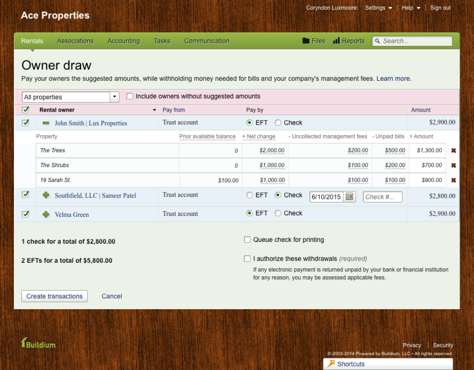 Screenshot of the application - the owner draw screen showing the calculation for money withheld