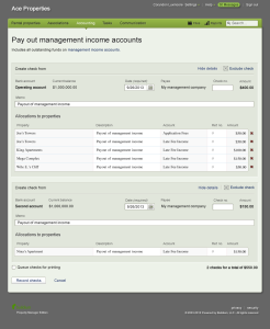 Expanded 'Pay out management income accounts' screen showing fields for details on transactions