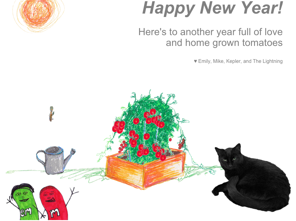 Illustration showing a tomato plant with a guppy, cat, and two cartoon figures