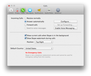 Screenshot of Skype - Answer Calls Automatically option