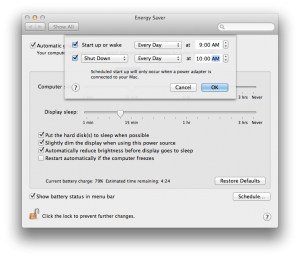 Screenshot of Mac OS Startup / Shut Down Scheduler