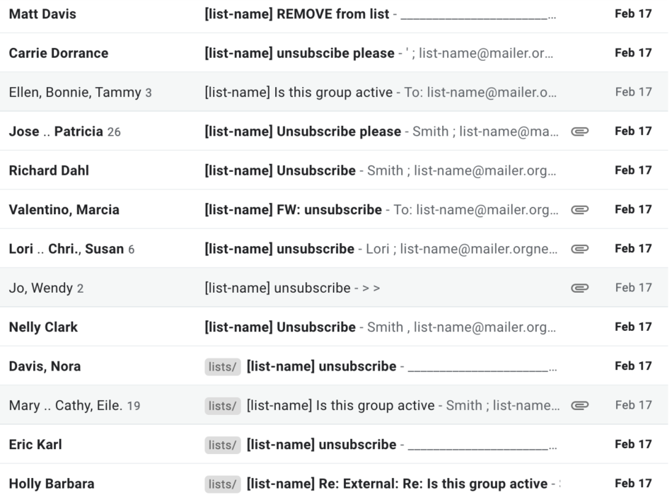 index of many unsubscribe emails sent to the list