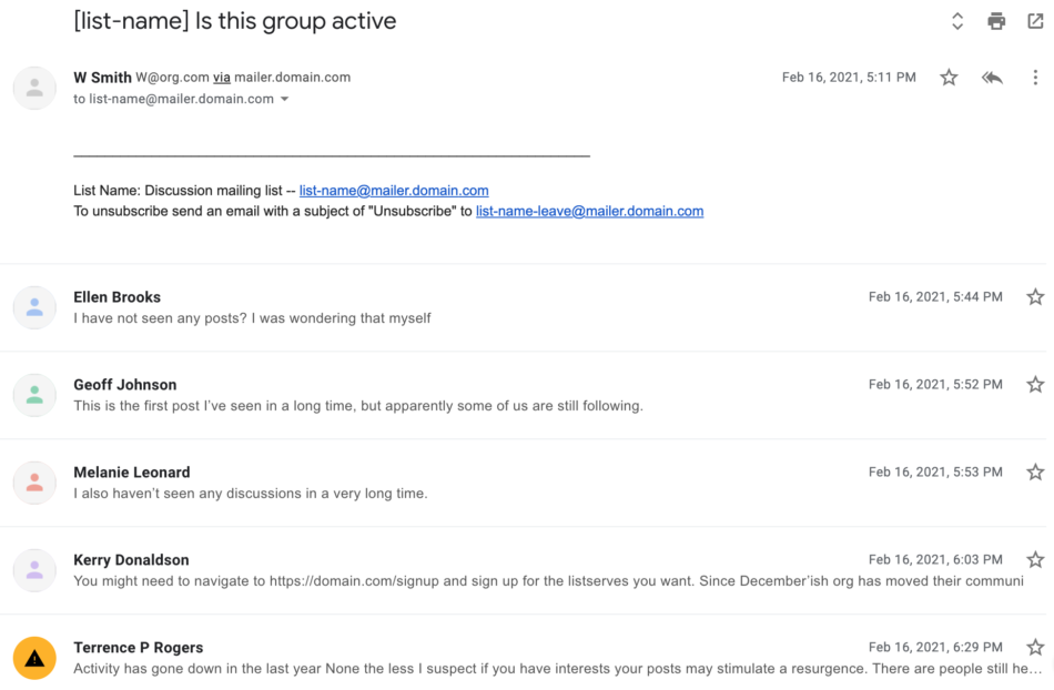email from moderator asking "is this group active"